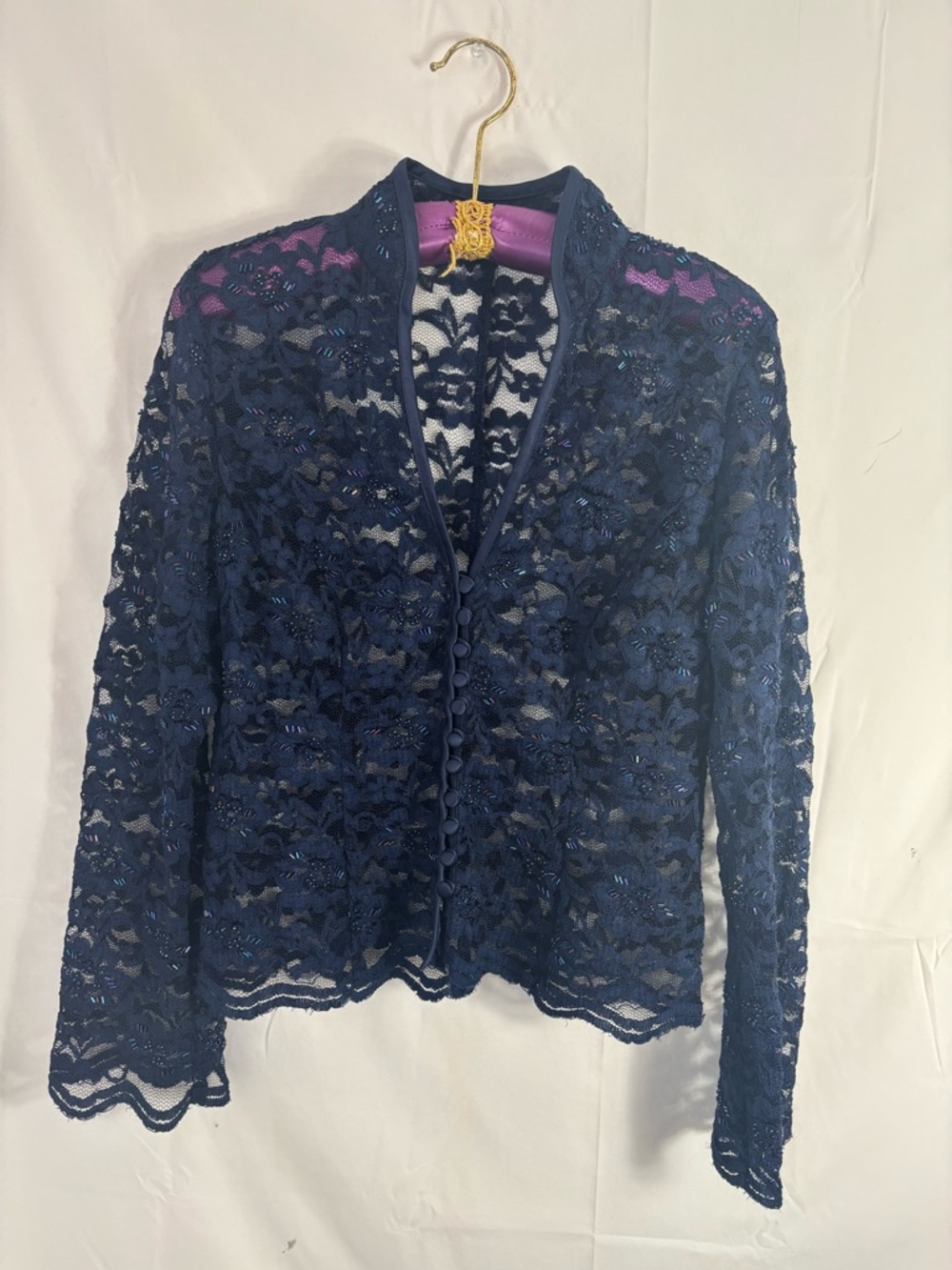 Lace Beaded Long Flare Sleeve Witchy Whimsigoth Sheer Button Up Blouse Size L - Picture 9 of 16